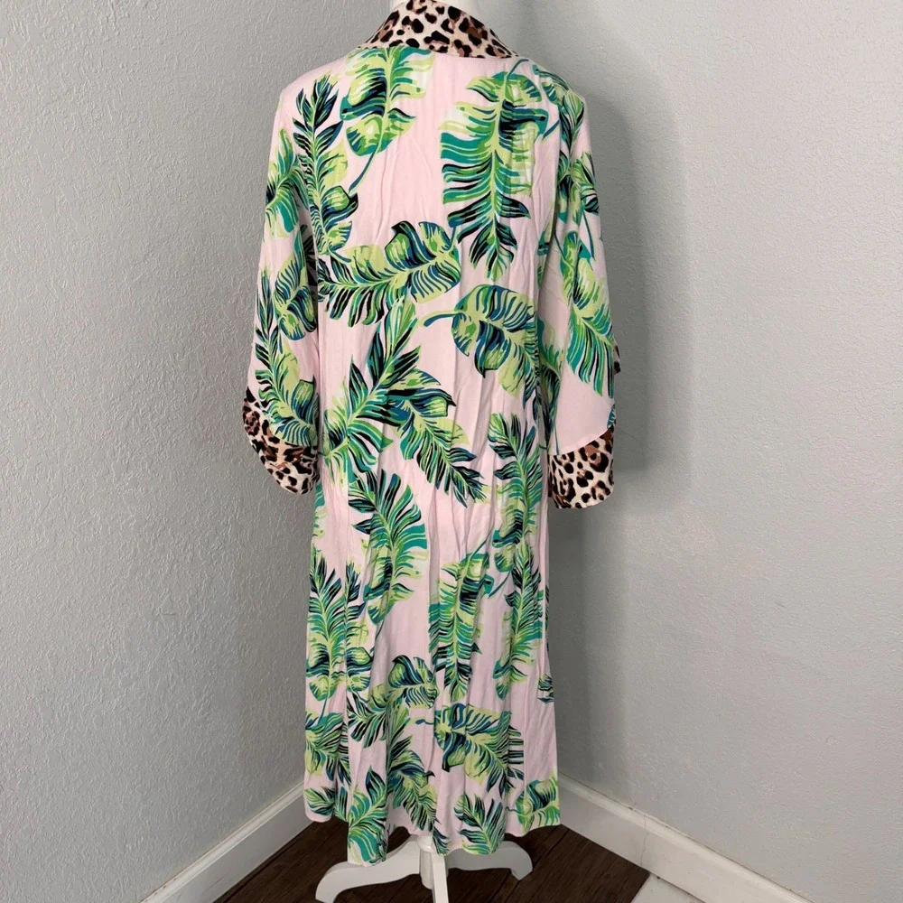 Venus Tropical Palm & Leopard Print Longline Kimono Duster Pink‎ Green Small